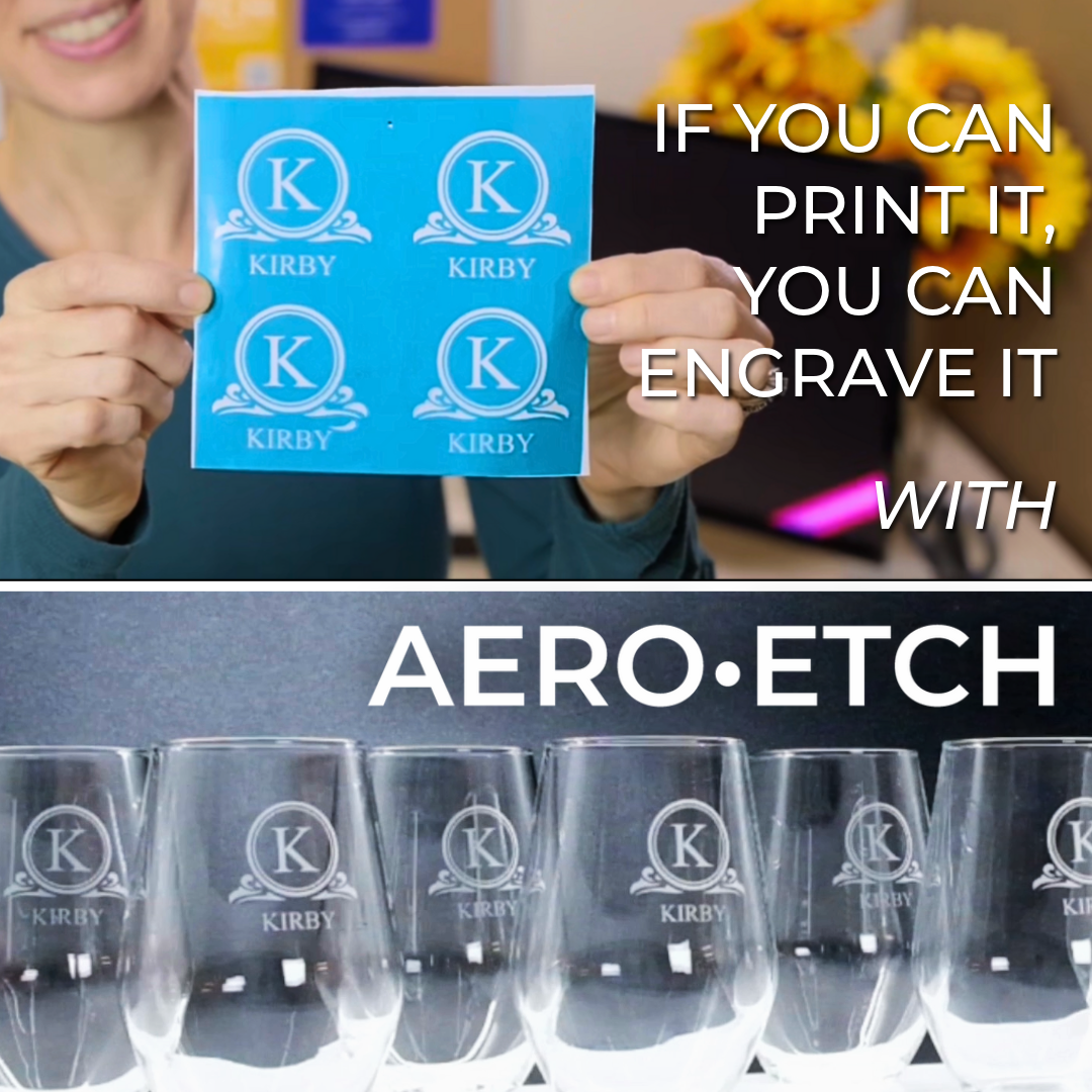 Craft creator holding finished Aero-Etch sand-carving stencils over shelf with etched glassware.