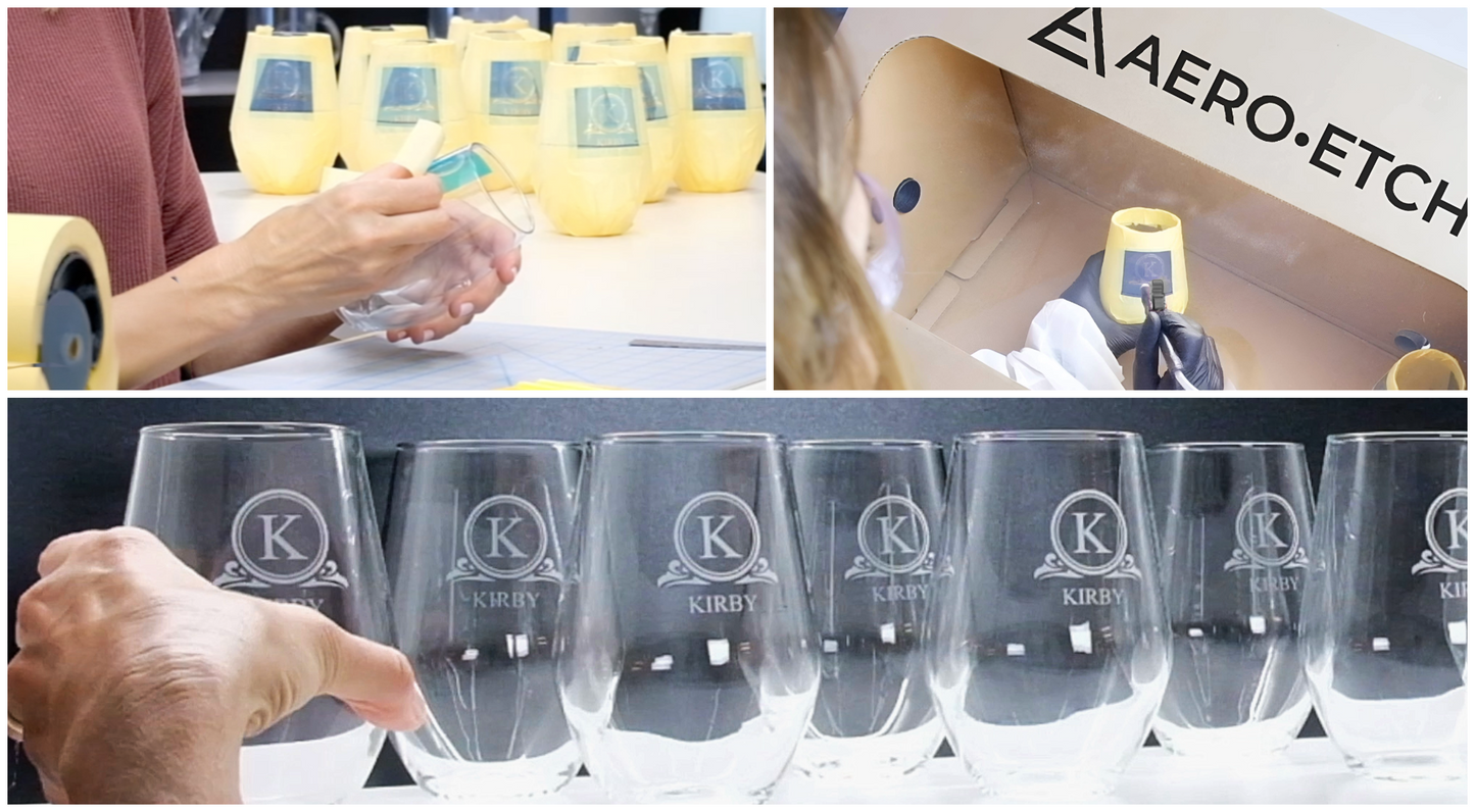 Collage of images - sandcarving tumblers with Aero-Etch