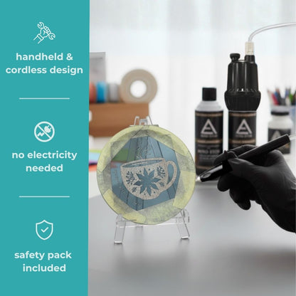 Person using a tool on a decorative plate with text about handheld design, no electricity needed, and safety pack included.