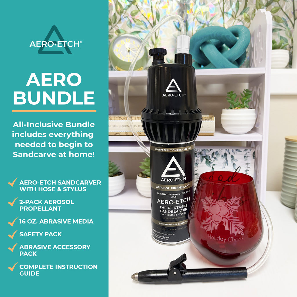 Aero Etch sandcarving kit with a red glass and text detailing the included items.
