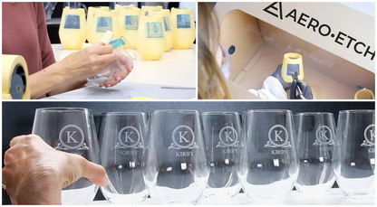 Collage of images - sandcarving tumblers with Aero-Etch